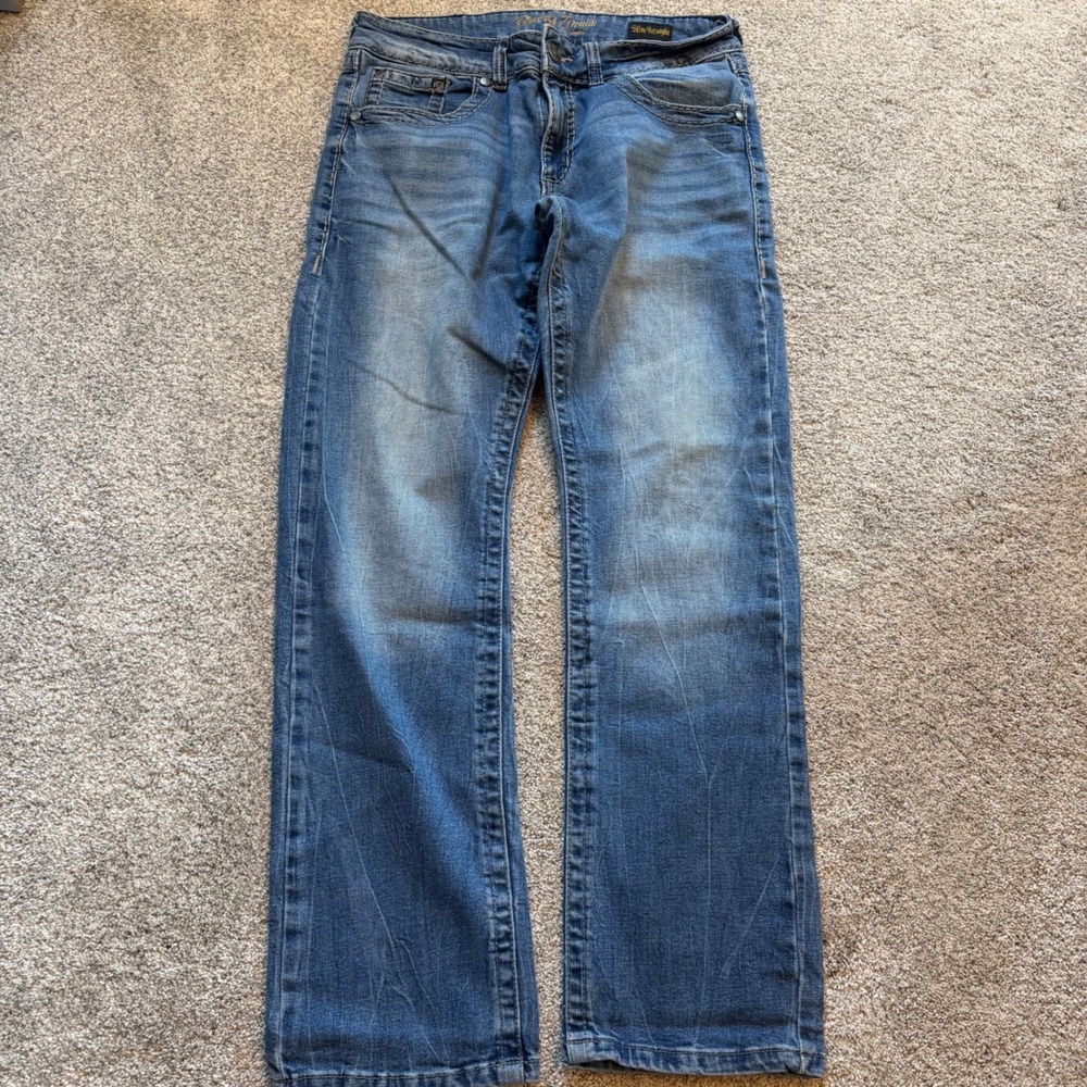 Rock 47 by Wrangler Men Blue Slim Straight Jeans 32x31 Medium Wash Whiskered